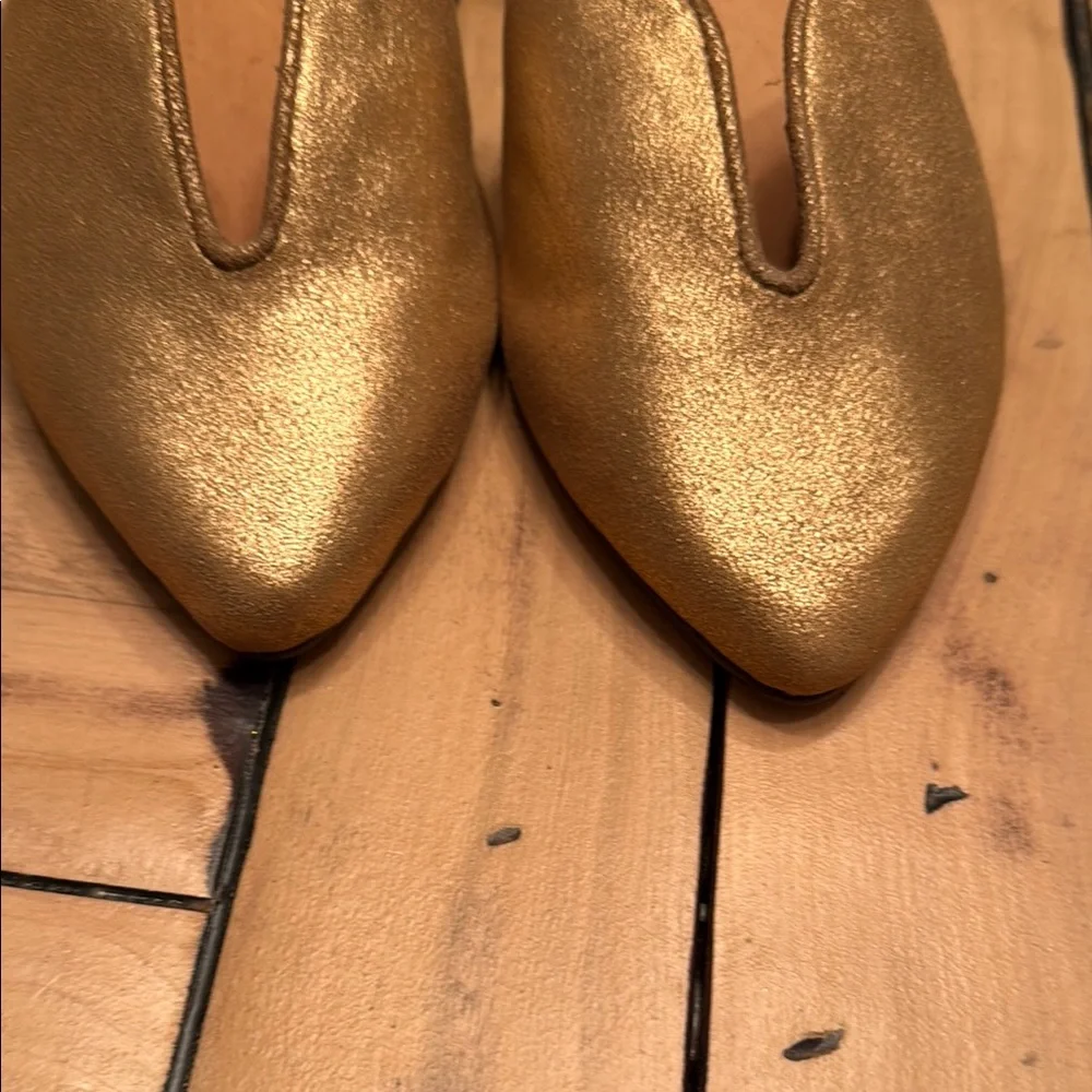 Anthropologie Gold Metallic Pointed V-Cut Ankle Strap Flats